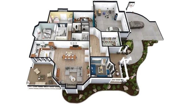 Tredimensionell planritning av ett hus med rum, uteplats och garage